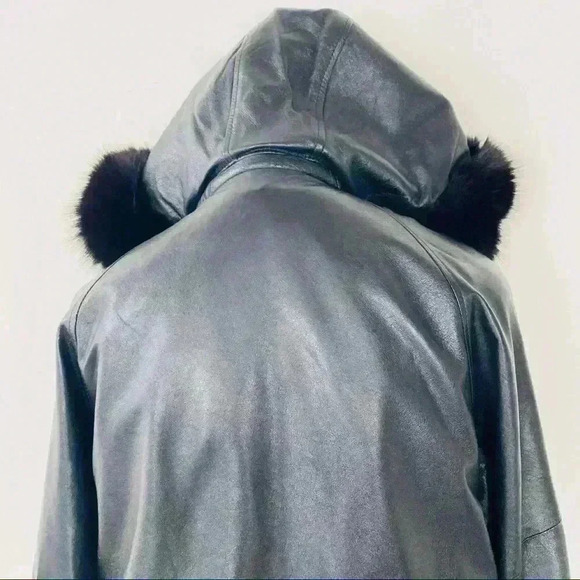 VINTAGE BLACK LEATHER FUR WINTER  WOMAN COAT SIZE XS - Picture 8 of 16